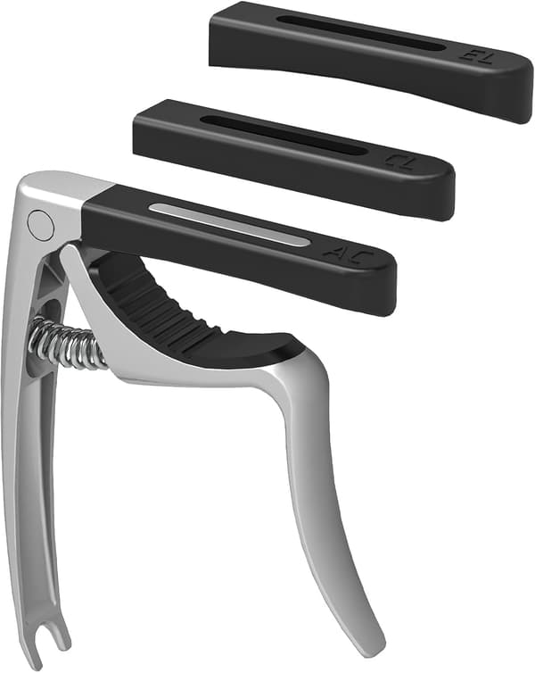 Guitar Capo, 4-in-1 Capo with Bridge Pin Puller, Capo for Acoustic Electric Classical Guitar, 3 Silicone Heads, Silver silver