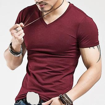 Fianao Herre Basic Topp i Plus Size, Sommer, Ensfarget, Kortermet, V-hals, Slim Fit T-skjorte (L Hvit)