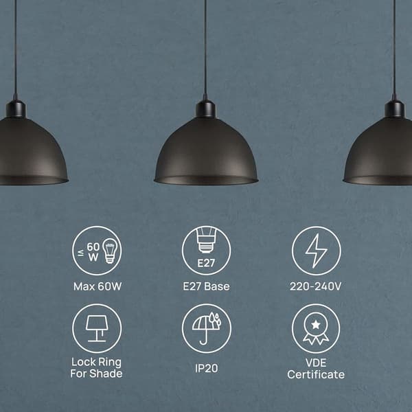 E27 Pendant Lamp with Screw Ring, 100 cm Adjustable Fabric Cable, Compatible with Lampshades, Ideal Socket for Kitchen Pendant Lighting, Black