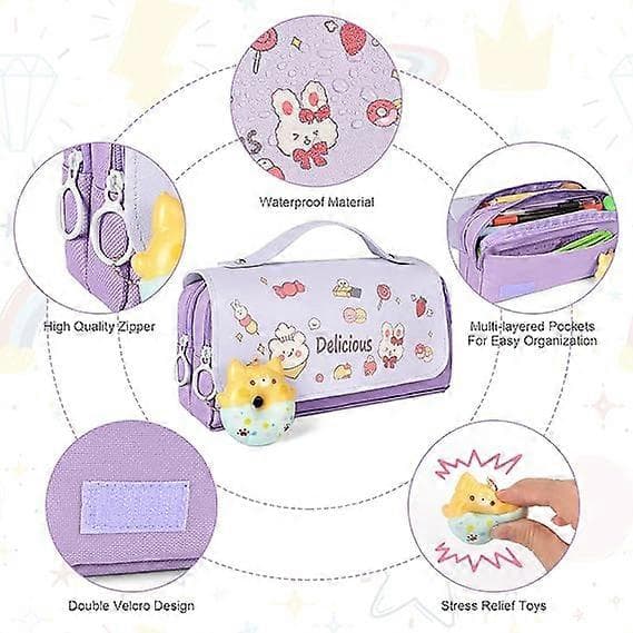 Large Pencil Case with Multiple Compartments Office Supplies Cosmetic Bag Purple Donut