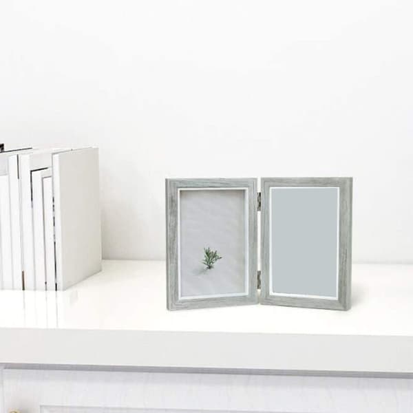 Double Photo Frame 4X6 Inch Rustic Grey Wood Hinged Folding Picture Frames, Wedding Gifts, Mother's Day Gift