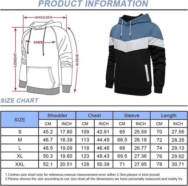 Herr Fleece Hettegenser Pullover Uformell Hettegenser Kontrastfarget Topp med Kengurulomme 90blue L 90blue L