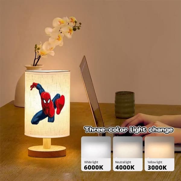 Bedside Lamp, 3-Color Light, Wooden Base, Round Linen Shade, Bedroom Reading Lamp