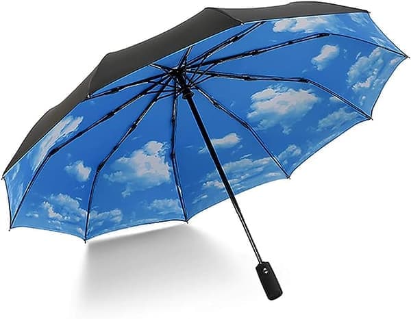 Compact Umbrella (Blue Sky), Windproof Folding Travel Umbrella - Automatic Umbrella, Windproof Double Layer Umbrella, Creative Sun Umbrella