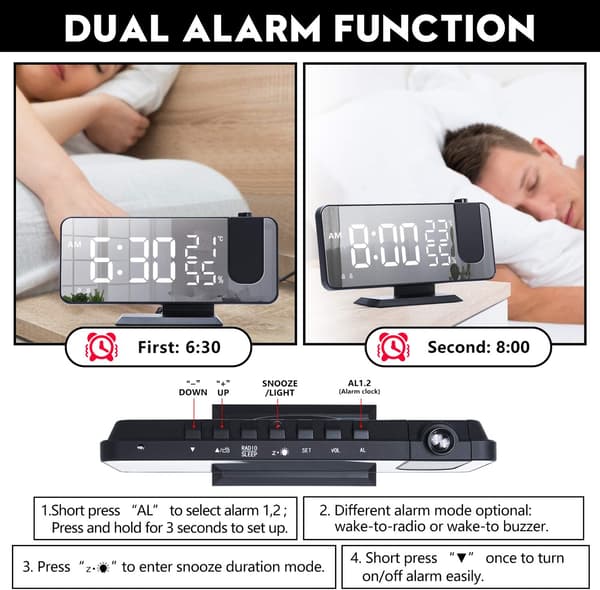 Digital Projection Alarm Clock Radio LED Temperature Display Radio Projection Clock Rotatable Projection Time-Black