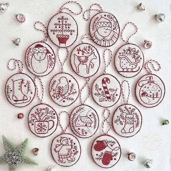 Handsömnad Julgransprydnader Kit, Julbroderikit, Broderikit Julgransprydnader för Vuxna Nybörjare 12-pack
