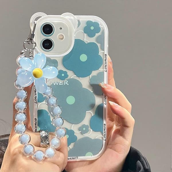 Compatible case for iPhone 12 with beautiful floral wristband, floral bear camera lens protector, transparent case with chain - Bear Blue