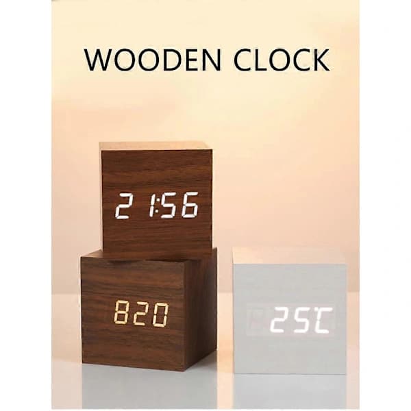 LED Digital Alarm Clock Wood Imitation Table Clock Night Light Thermometer Snooze Alarm Clock DE FP Bamboo