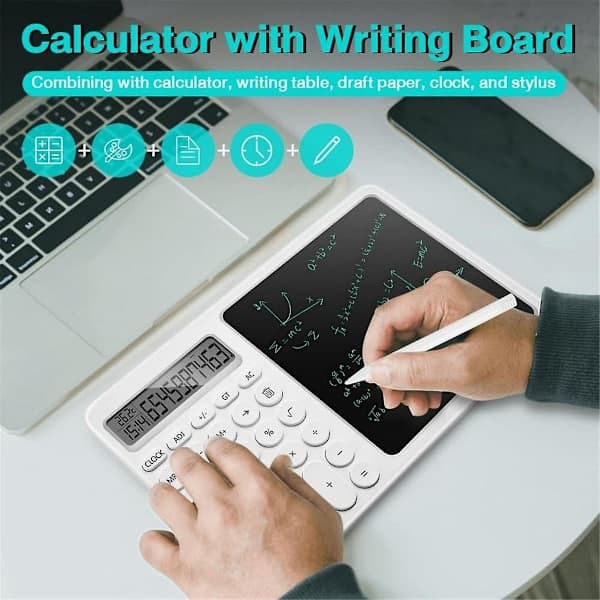 Calculator with Notepad, 8-inch LCD Writing Tablet, Desktop Calculator with Writing Pad, Small Calculator with Time, White