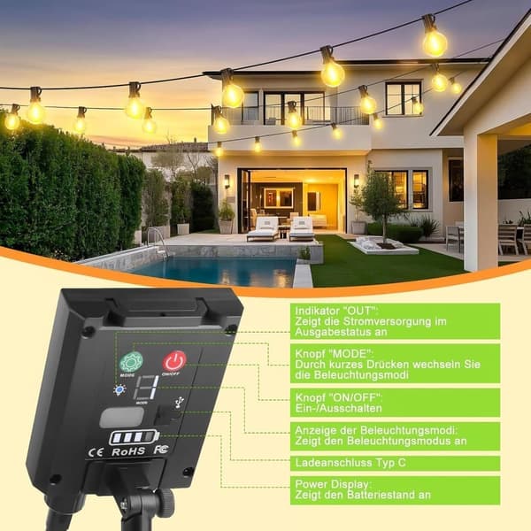 7m Outdoor Light String, Solar Powered Light Strings, 10 G40 LED Bulbs, IP44 Waterproof for Patio and Party