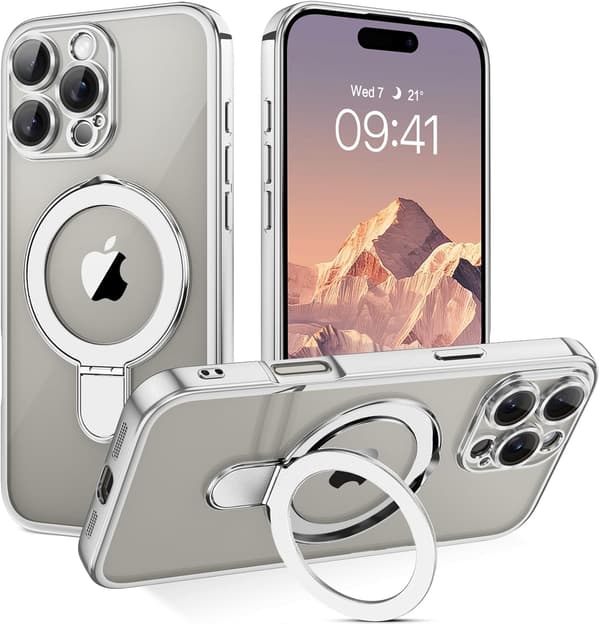 iPhone 16 Pro-deksel med MagSafe, klar bakside og innebygd ringstativ
