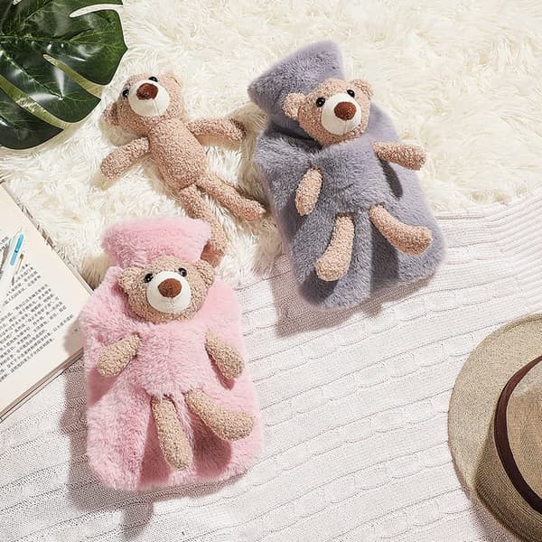 Hot Water Bottle with Soft Bear Cover for Sleeping Bag (1L, Coffee) Brown brown