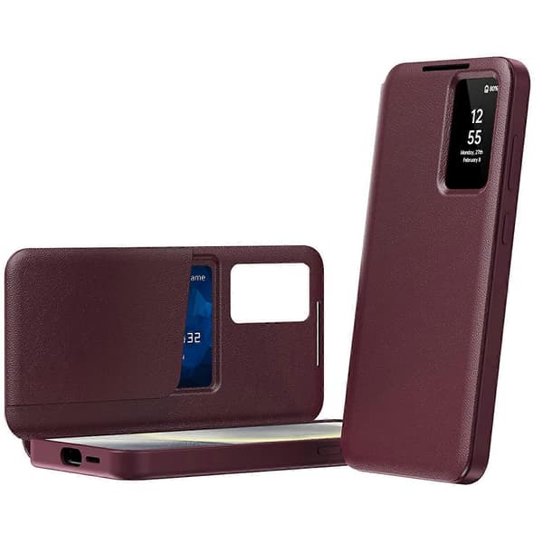 For Samsung Galaxy A56 5G Case with Card Holder Smart View Window Leather Phone Case - Wine Red-FX-