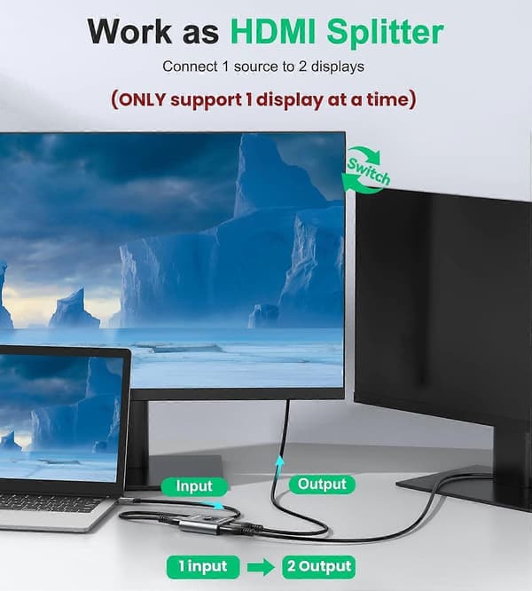HDMI Splitter, 4K HDMI Switch 2 in 1 out or 1 in 2 out, Aluminum HDMI Switcher