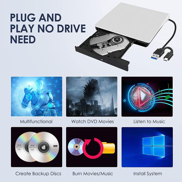 Extern CD/DVD-enhet, CD/DVD-spelare USB 3.0 Brännare Typ-C Gränssnitt Kompatibel med Windows 7/8/10