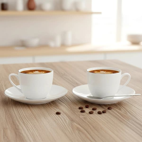 Kop- og underkopssæt i porcelæn, hvid, 200 ml, 2 dele