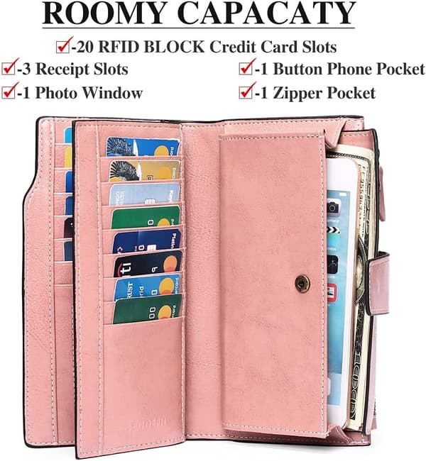 Pink, Women's Leather Wallet Large Capacity Women's Wallet Checkbook