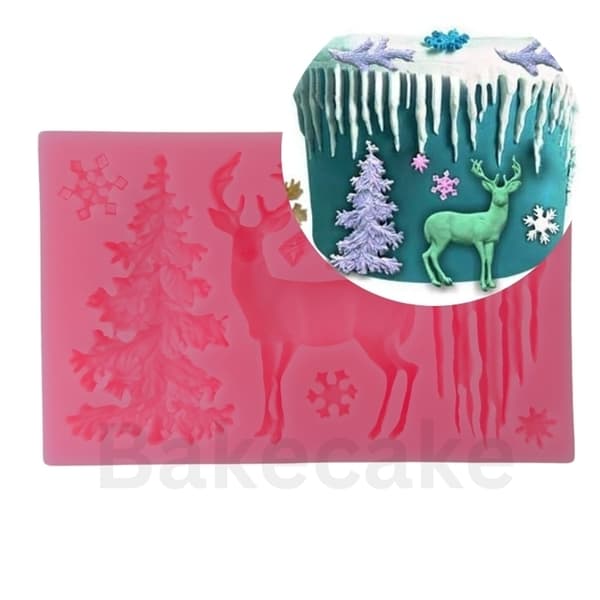 Vintertema silikoneform med rensdyr, snefnug, juletræ og mere Rosa pink