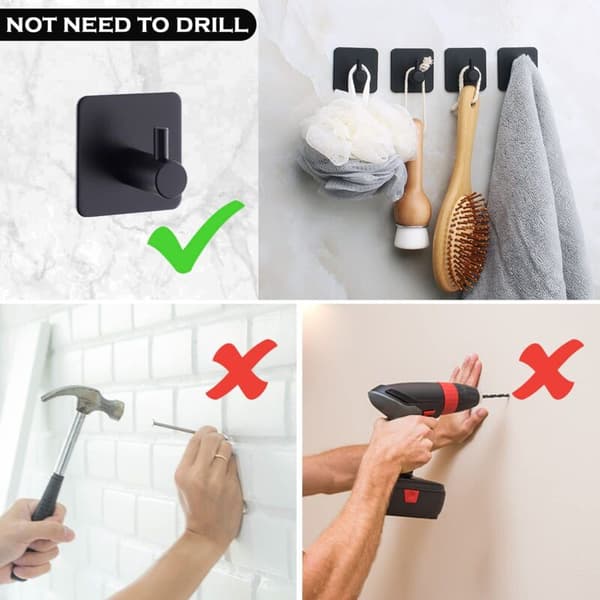 4 Pieces Black Self-Adhesive Wall Hooks, Bathroom Kitchen Self-Adhesive Hooks, Stainless Steel Self-Adhesive Wall Hook Without Drilling