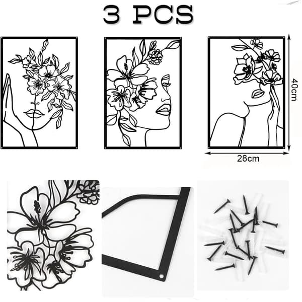 3-delad Väggkonst i Svart Metall – Minimalistisk Modern Väggdekoration för Sovrum, Vardagsrum, Badrum & Galleri