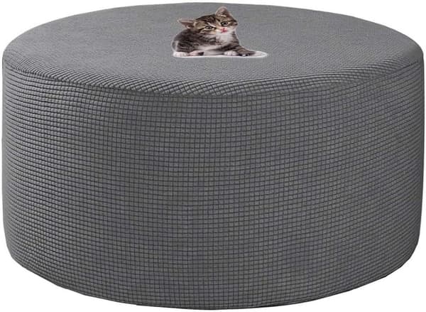 Round Ottoman Cover in Stretch Velvet, Removable Footstool Protector, Dark Grey, 29-34 inches