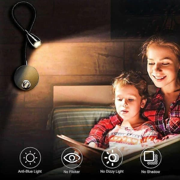 2-pack Bedside Lamp Wall, LED Reading Lights Gooseneck Lamp 3W, 3000K Warm White Reading Lamp (Black)