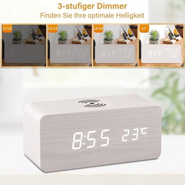Wooden Digital Alarm Clock with Wireless Charger, LED Display for Time, Temperature, and Sound Control for Desk