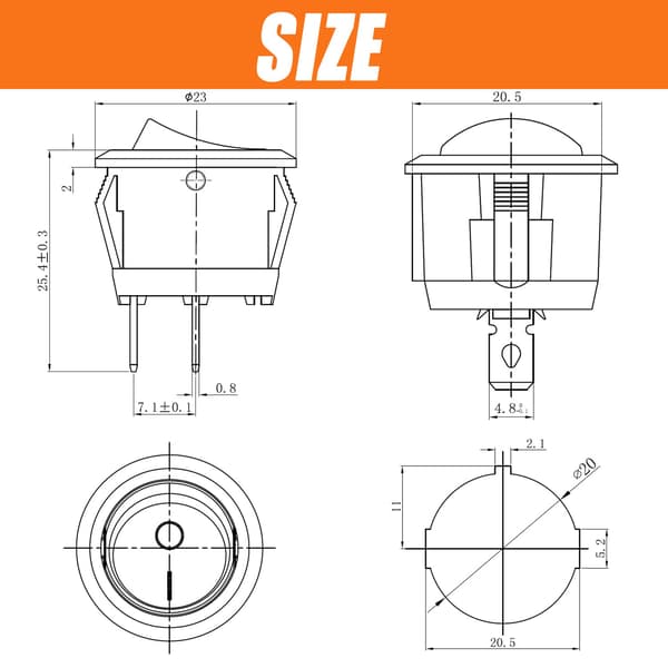 Round Rocker Switch, AC 6A/250V, 10A/125V, SPST, 2-Pin Rocker Switch, Latching Push Button Switch, for A