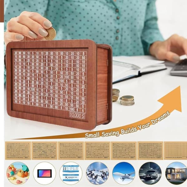 Träspargrisar, dollarkassar, återanvändbara samlarkassar, heminredning, med sparmål och siffror 5000 USD