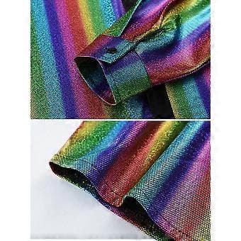 Men's Long Sleeve Geometric Button Down Lapel Collar Shiny T-Shirt (S Multicolor)