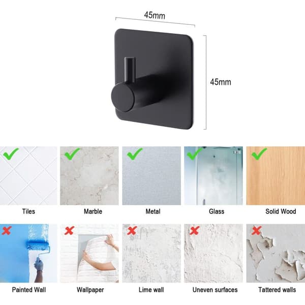 4 Pieces Black Self-Adhesive Wall Hooks, Bathroom Kitchen Self-Adhesive Hooks, Stainless Steel Self-Adhesive Wall Hook Without Drilling