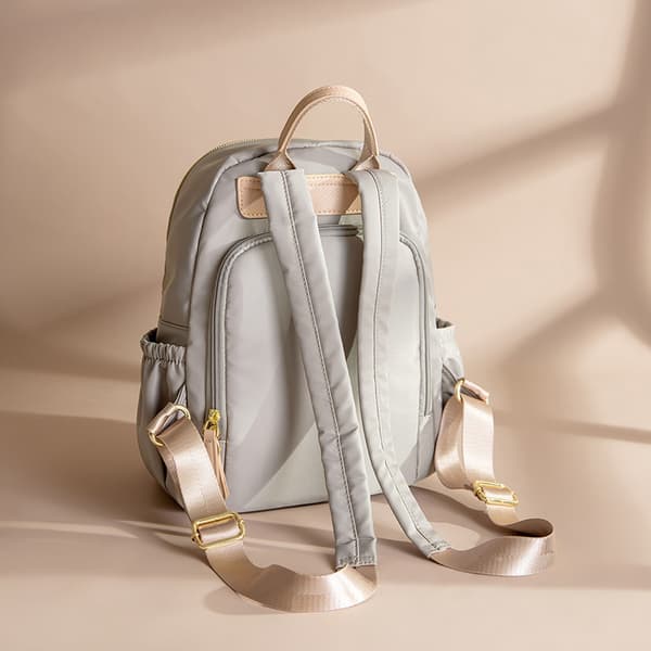 Light Grey Water-Resistant Nylon Backpack with Gold-Tone Zippers Faux Leather Top Handle Multiple Zippered Compartments and Side Pockets