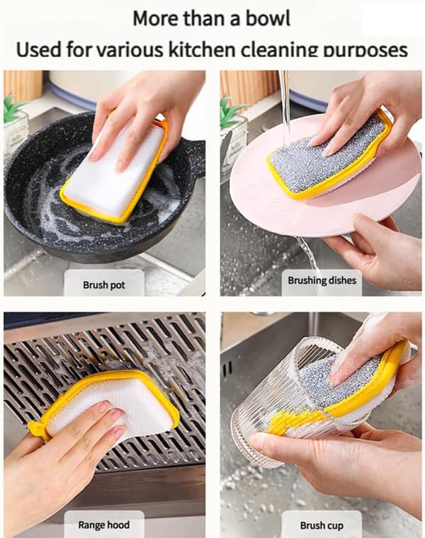 Double-sided dishcloths, one side is microfiber, the other is a soft scouring pad. Reusable, highly absorbent, scratch-free, yellow, 5-pack.