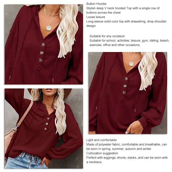 Women's Button-Down V-Neck Long Sleeve Drawstring Top for Office, Workout, Wine Red, XL