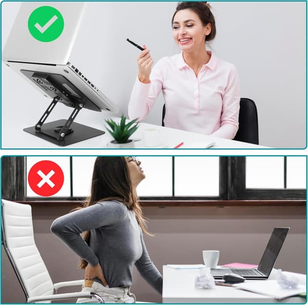 Justerbart laptopstativ til skrivebord - 360° roterende base, foldbart laptopstativ med køleplader - Ergonomisk bærbart og kompatibelt