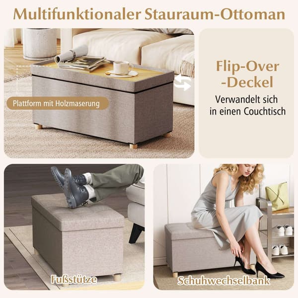 Säilytyspenkki tarjottimella, pellava, 76 cm, 78 litran tilavuus, harmaa