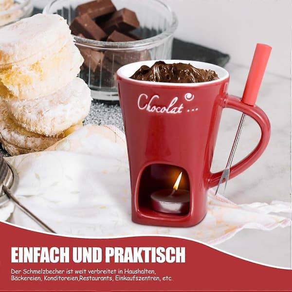 Chokoladefonduekop med gaffel, smeltevarmer til slik, ost og dessertsnacks-FX-