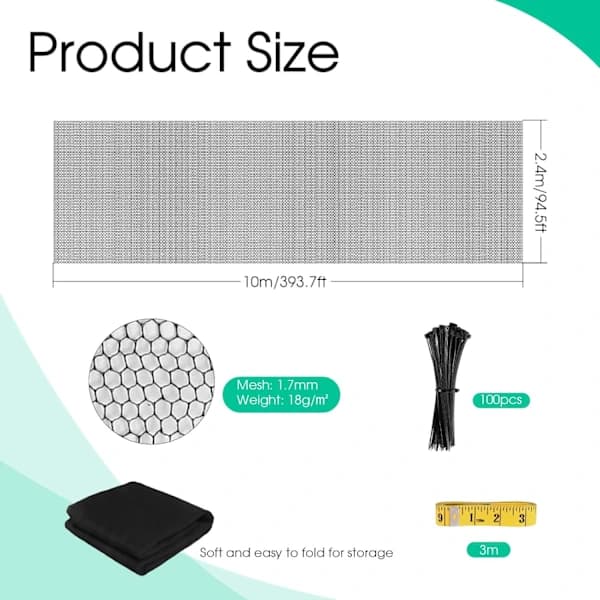 Mosquito Netting 2.4 x 10 m Fine Polyester Insect Protection for Garden Vegetables DIY Project Terrace Balcony Black