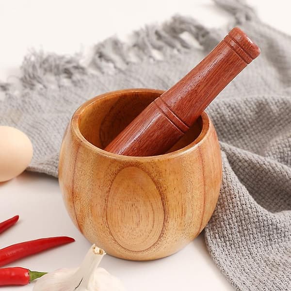 1 set garlic mortar environmentally friendly high durability wood manual garlic press crusher mortar set for home S S