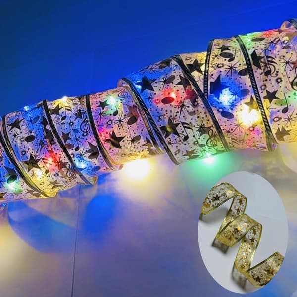 Julebelysning, 5 cm gyldent lysende båndlys med blitz, juledekoration (Farvelys-2 meter 20 lamper)