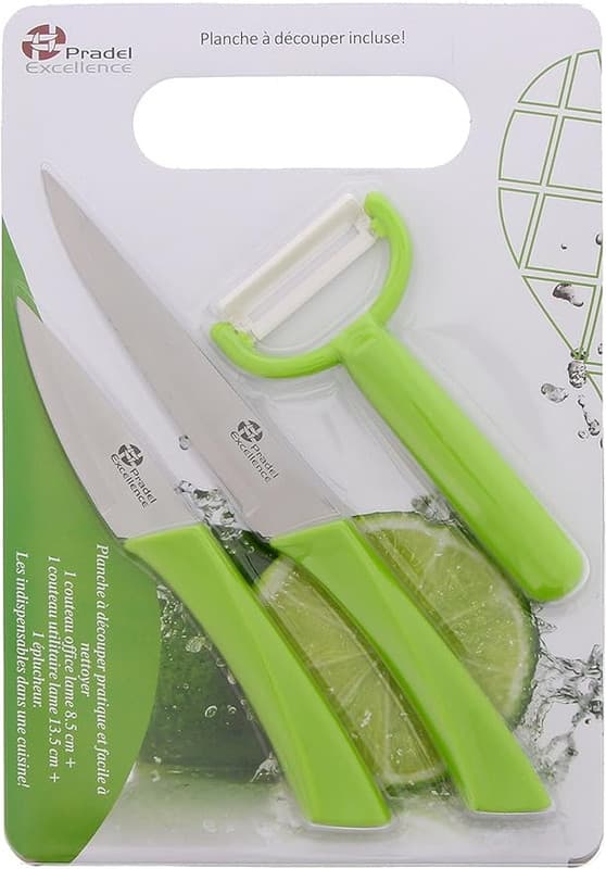 Set med 2 knivar, grönsaksskalare och skärbräda grön