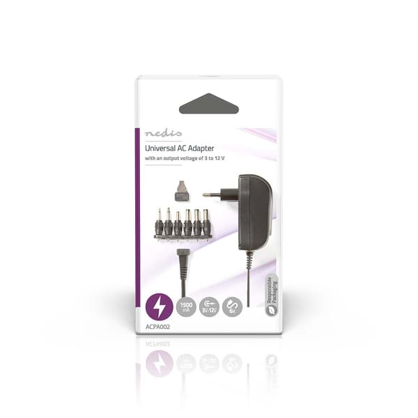 Universal strømadapter | 18 W | 3 - 12 V DC | 1.80 m | 2.1 A | 6 stik | Sort