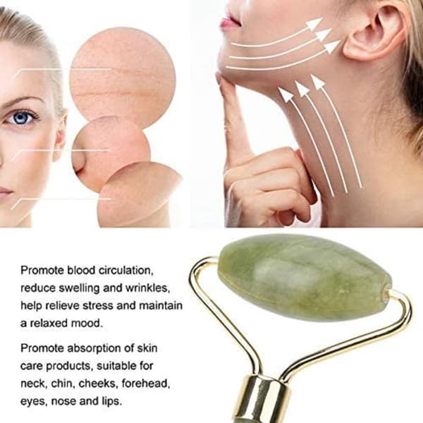 5-delt grøn jaderulle og Gua Sha-stensæt - Ansigtsmassage til lymfedrænage, anti-aging