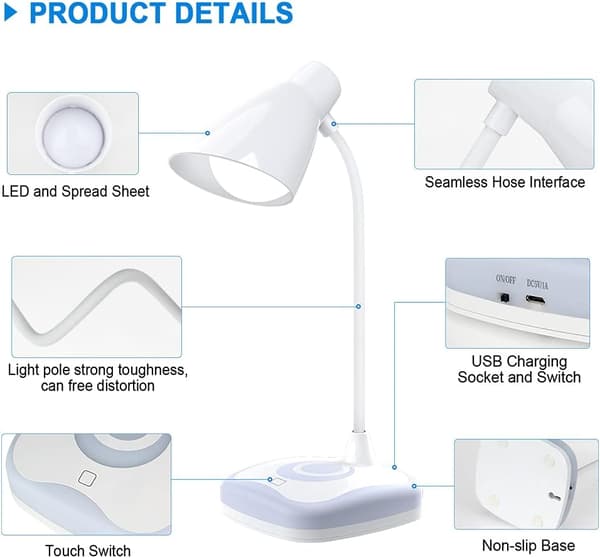 Skrivebordslampe, USB Oppladbar Fleksibel Hals, Øyebeskyttelse, 3 Lysstyrker