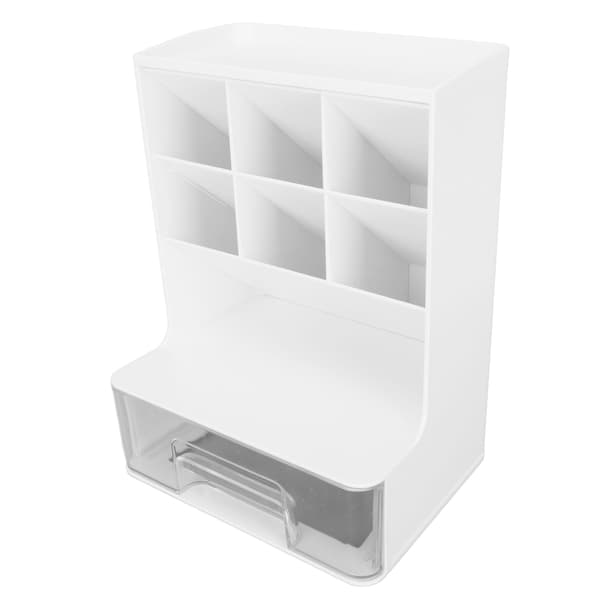 Slanted Pen Holder for Student with Drawer Large Capacity Rounded Corners Desk Organizer for School White