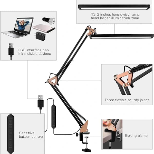 NA/LED Skrivebordslampe - Clip-on LED Skrivebordslampe - Øyebeskyttelse - 3 Lysmoduser, 10 Lysstyrker