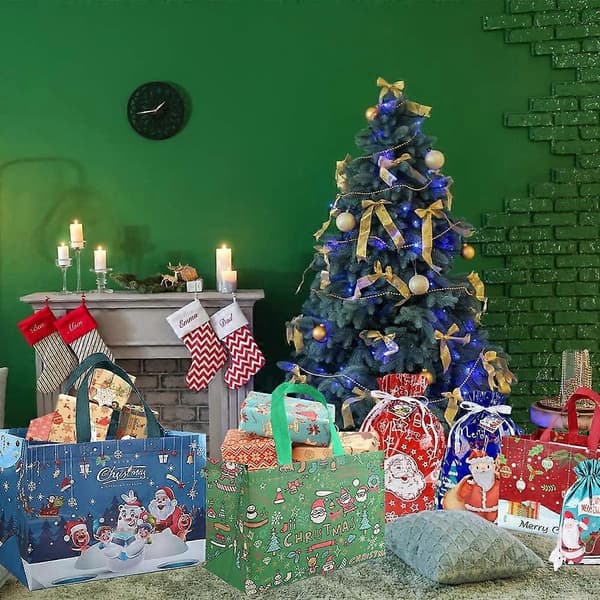 12 store juleposer med håndtak, gjenbrukbare gaveposer handlepose innpakningspose til julefestdekorasjon