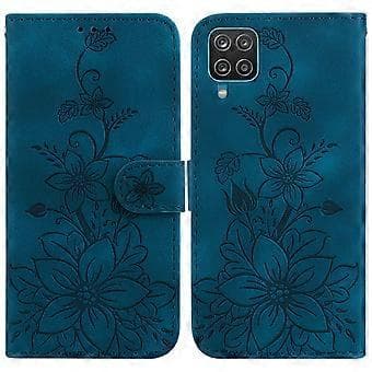 Compatible with Samsung Galaxy A12 Embossed Lily Wallet Case with Card Holder PU Leather Flip Case - Blue Blue