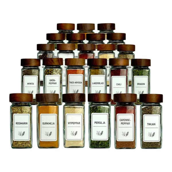 24-Pack Spice Jars with Acacia Wood Lids – Spice Set with Swedish Labels 3600