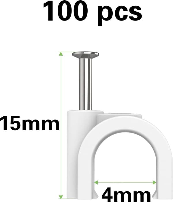 Kabelklemmer, 100 stk, hvite (4 mm), veggfester, kabelbindere, m